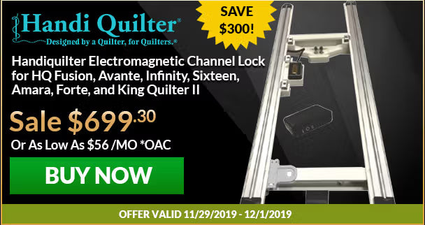 Handi Quilter electromagnetic channel lock with promotional text and pricing on a black background