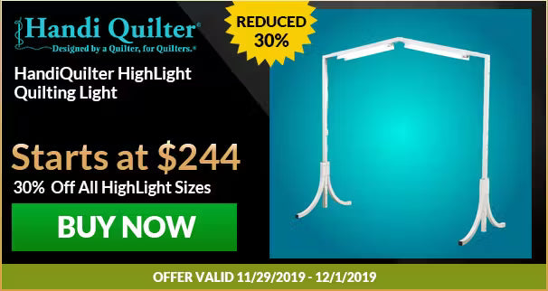 Handi Quilter Highlight Quilting Light with promotional text on a blue background