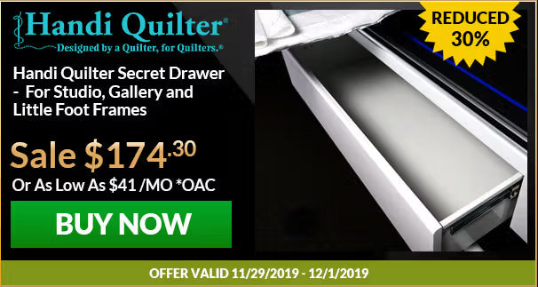 Advertisement for Handi Quilter Secret Drawer with pricing and promotional text.