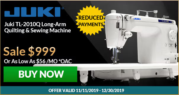 Juki TL-2010Q long-arm quilting and sewing machine with promotional text on a black background