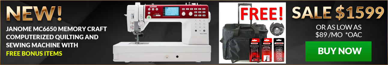 Advertisement for Janome sewing machine with text and pricing on a black background