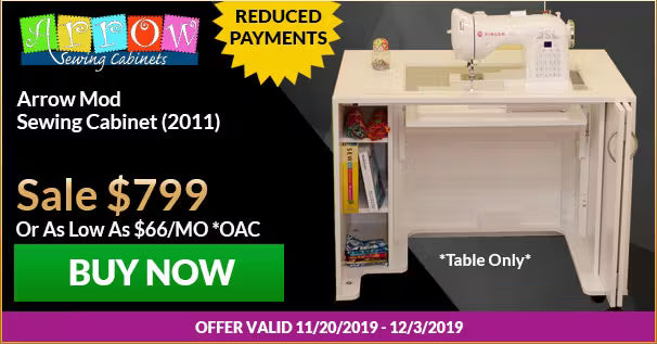 Sewing cabinet with promotional text and graphics on a black background
