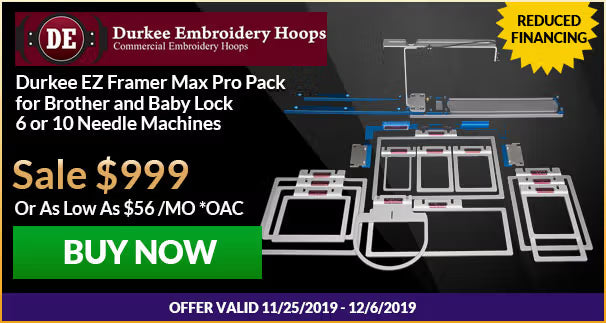 Advertisement for Durkee embroidery hoops with product display and promotional text.