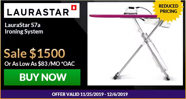 LauraStar S7a Ironing System with pricing and promotional text on a black background