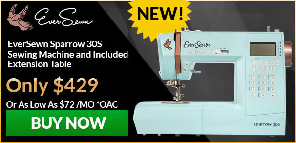 EverSewn Sparrow 30S sewing machine with promotional text on a black background