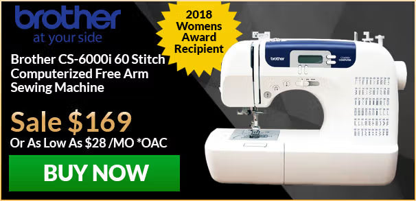 Brother sewing machine with promotional text and price on a black background