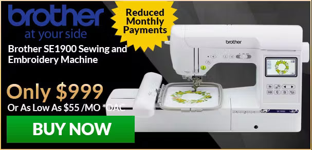Advertisement for Brother SE1900 sewing and embroidery machine with promotional text.