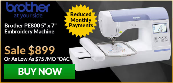 Brother embroidery machine with promotional text on a black background