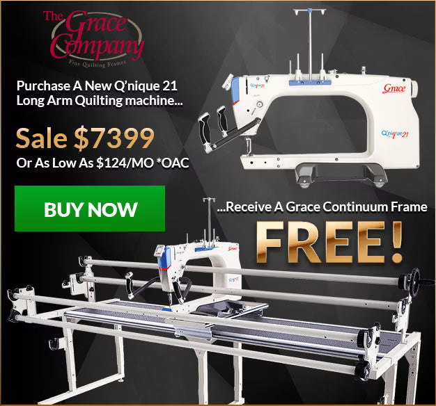 Advertisement for a long arm quilting machine with pricing and free frame offer.
