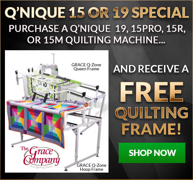 Advertisement for Q'Nique quilting machines with a free quilting frame offer, featuring a Grace Q-Zone Queen Frame.