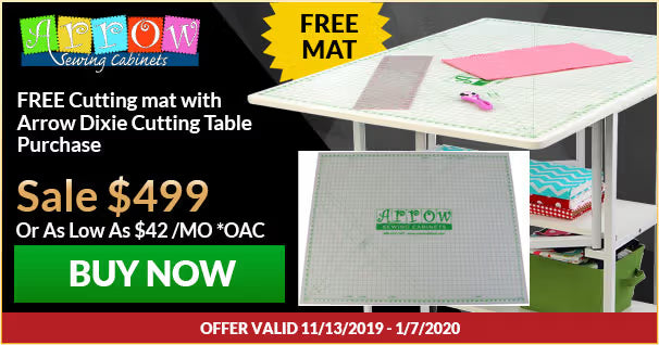Advertisement for Arrow Dixie Cutting Table with free cutting mat offer
