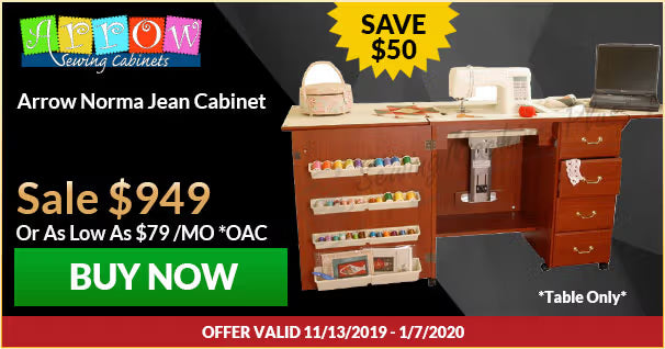 Sewing cabinet with promotional text and graphics on a black background