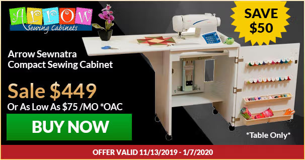 Arrow Sewnatra Compact Sewing Cabinet with sale details on a black background