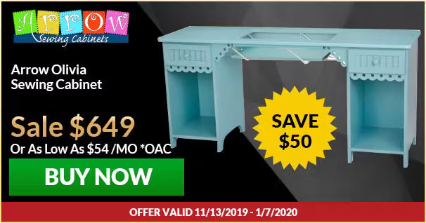 Advertisement for Arrow Olivia Sewing Cabinet with sale pricing and a 'Buy Now' button.
