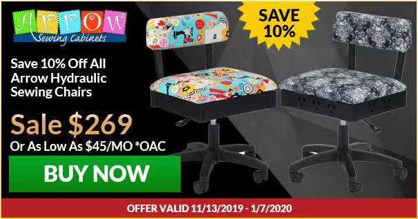 Two sewing chairs with colorful patterns on a black background, promotional text for Arrow Sewing Cabinets sale.