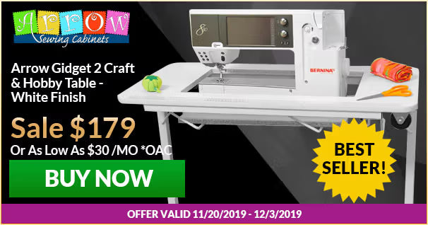 Sewing machine and table with promotional text on a black background