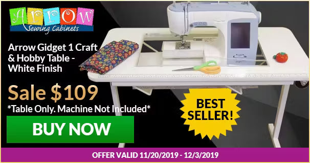 Craft and hobby table with sewing machine on a promotional banner