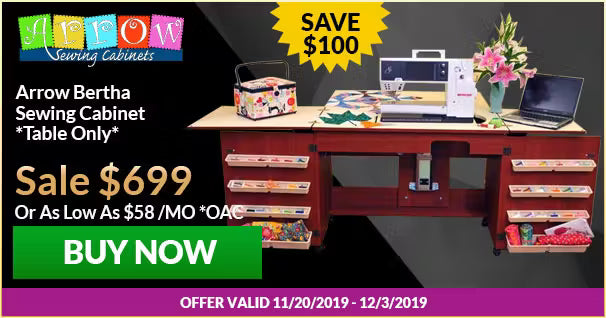 Sewing cabinet with computer and supplies, promotional banner for Arrow Sewing Cabinets.