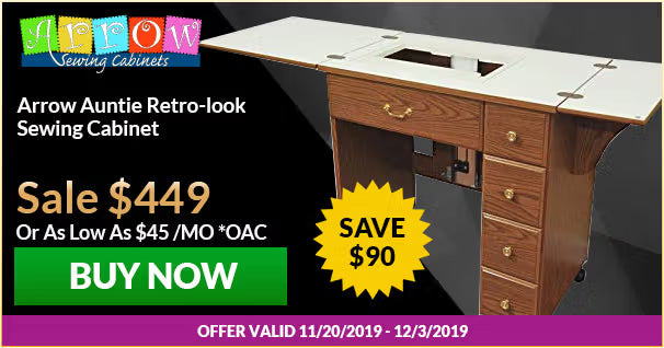 Wooden sewing cabinet with promotional text and price on a black background