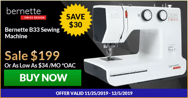Bernette B33 sewing machine with promotional text on a black background