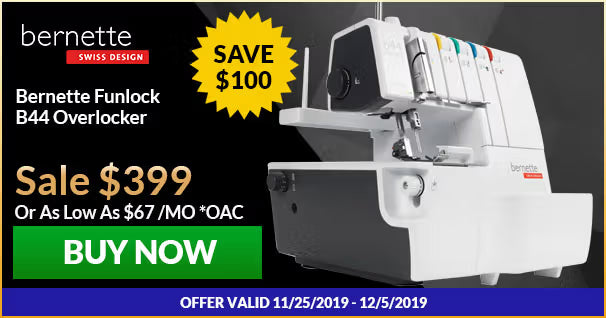 Bernette Funlock B44 Overlocker with promotional text on a black background