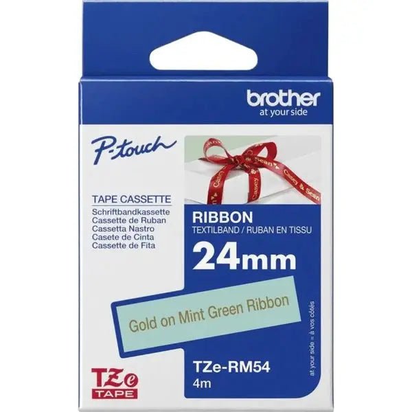 P-Touch Embellish gold on mint satin ribbon tape, 24mm wide, 4m length, Brother TZe-RM54 for P-Touch label printers