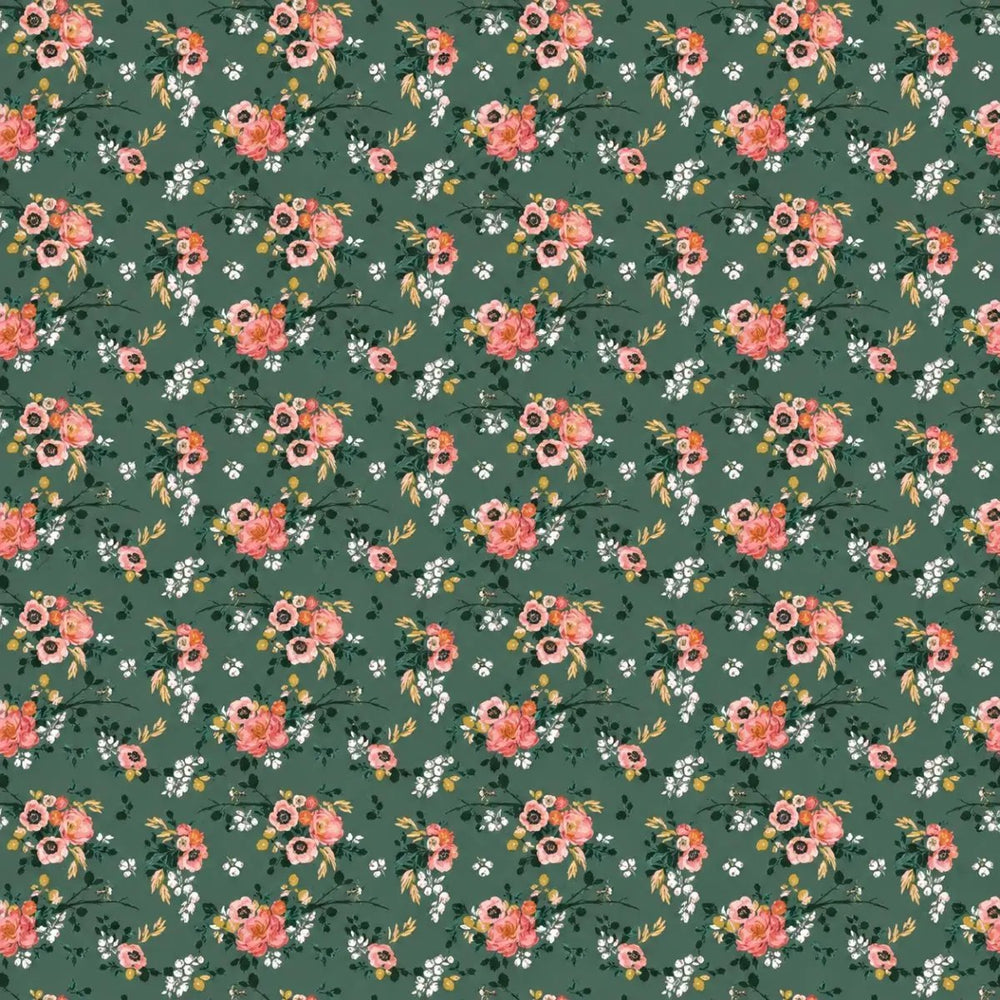 Riley Blake Porch Swing velvet fabric with pink and coral floral bouquets, small white flowers, and leaves on a green background.
