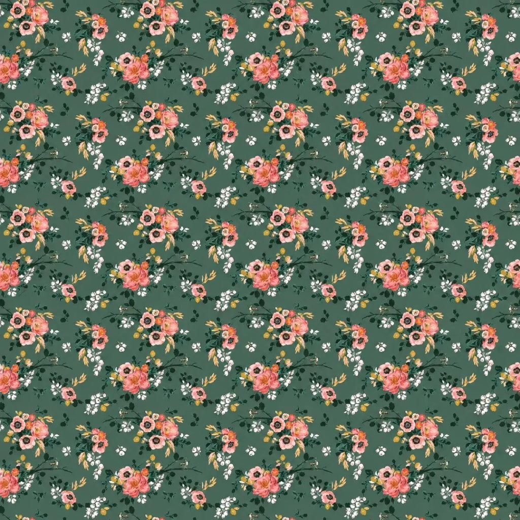 Riley Blake Porch Swing velvet fabric with pink and coral floral bouquets, small white flowers, and leaves on a green background.
