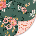 Riley Blake Porch Swing velvet fabric with pink and coral floral bouquets, small white flowers, and leaves on a green background.
