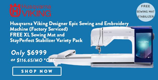 Husqvarna Viking Designer Epic Sewing and Embroidery Machine banner with offer details