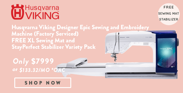 Husqvarna Viking Designer Epic Sewing and Embroidery Machine banner with offer details