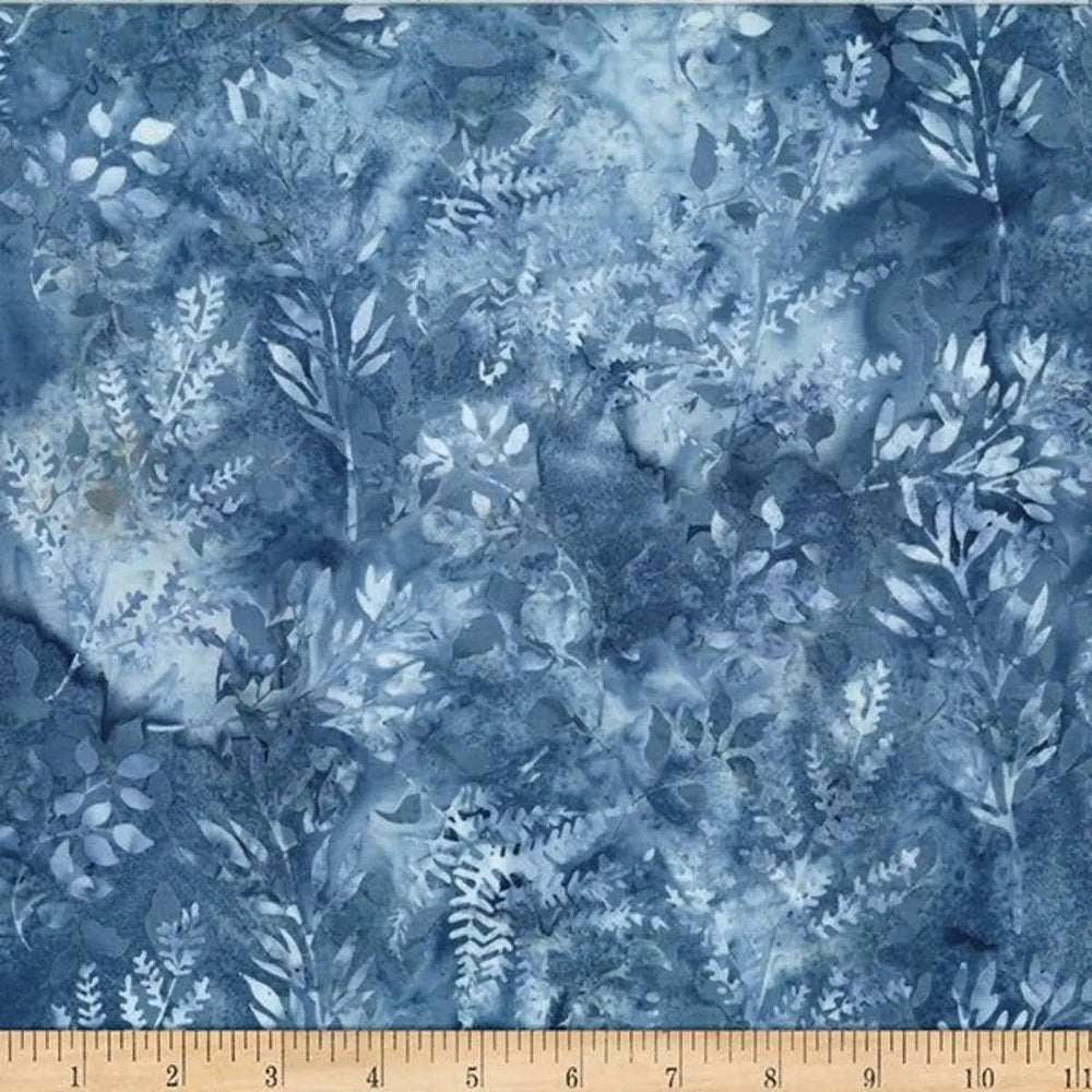 Autumn Mist Leafy Branches Denim blue batik quilting fabric by Hoffman Fabrics