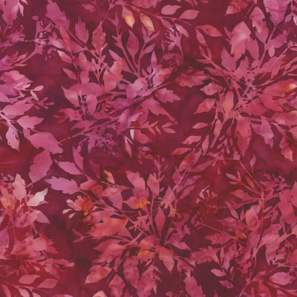 Bali Batiks Leafy Ruby red and pink batik quilting fabric by Hoffman Fabrics, SKU X2646-143