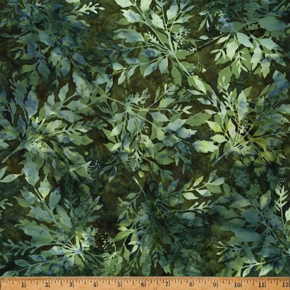 Cinnamon Spice Leafy Pine green batik quilting fabric by Hoffman Fabrics