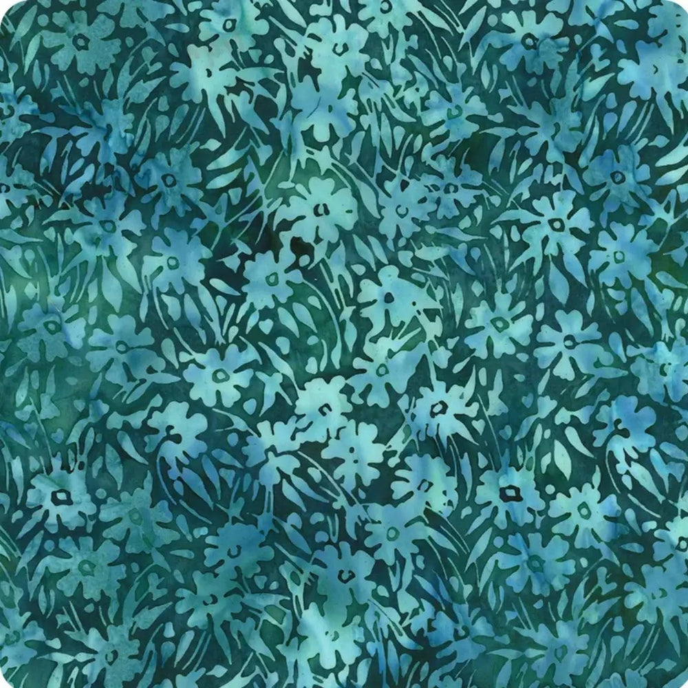 Mother Earth Bold Flower Chamomile cotton Bali batik fabric with turquoise, aqua, teal, and blue-green floral motifs.