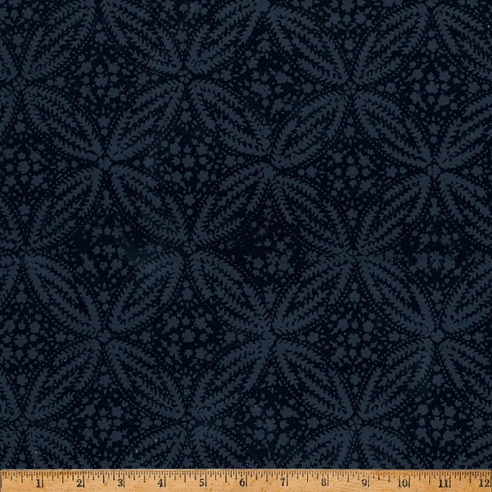 Coffee Shoppe Black Medallion Hoffman Bali batik fabric with midnight blue and charcoal floral medallions on a black background.
