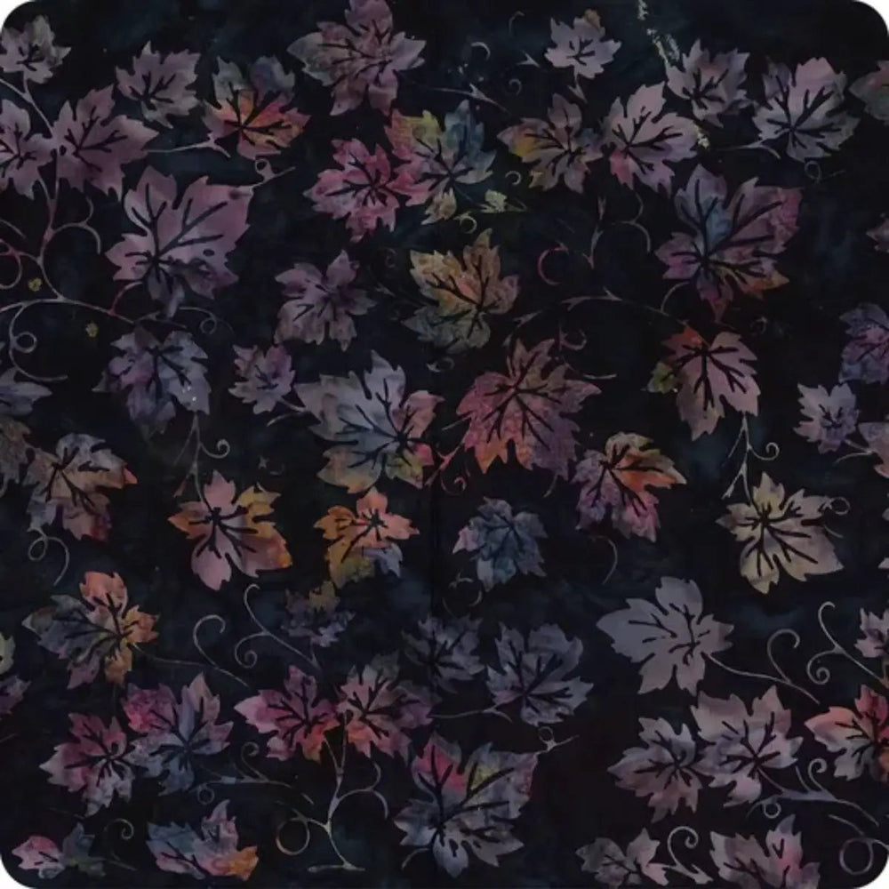 Vineyard Harvest Blackberry Grape Leaves cotton batik fabric with swirling purple, plum, and wine-toned grape leaf motifs.