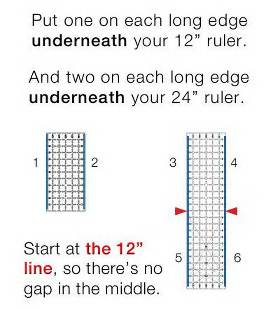 Guidelines 4 Quilting Grip Strips; two blue-edged grip strips show 12-inch ruler alignment and start-at-12-inch line.