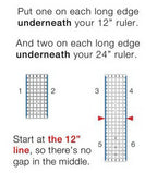Guidelines 4 Quilting Grip Strips; two blue-edged grip strips show 12-inch ruler alignment and start-at-12-inch line.