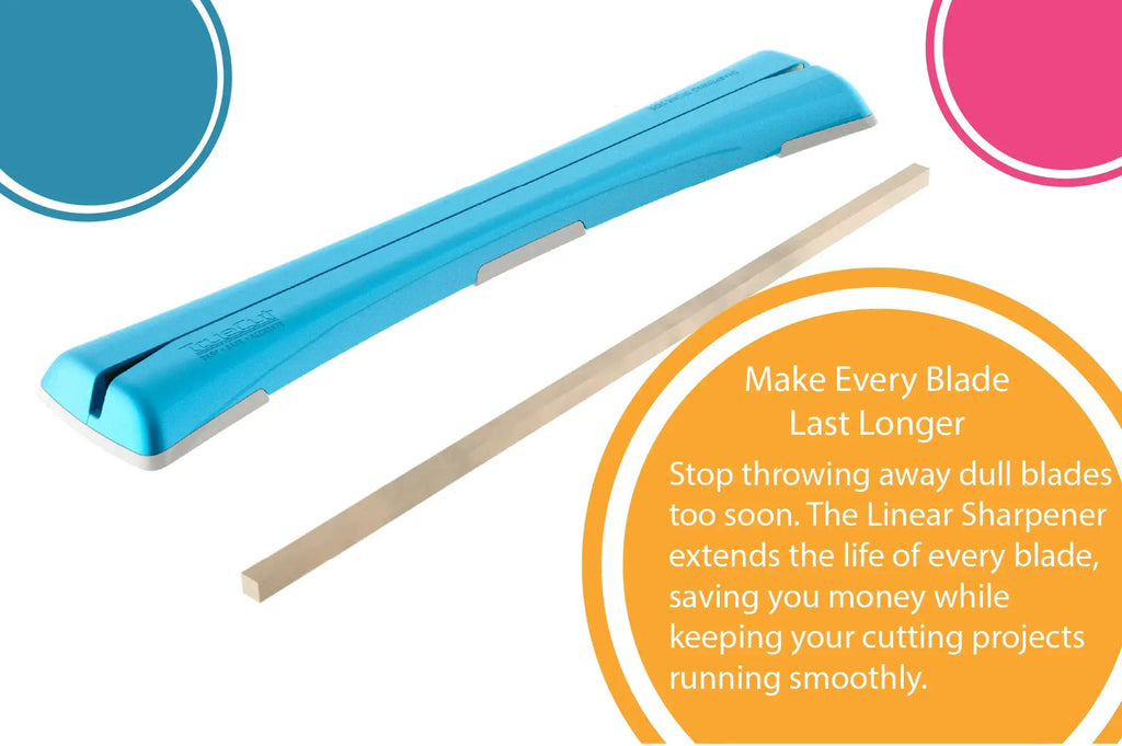Grace TrueCut Sharpener for rotary cutters; blue plastic handheld sharpening tool.