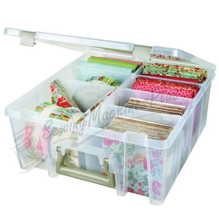 ArtBin Super Satchel Double Deep translucent storage box with clear lid holding ribbon rolls.