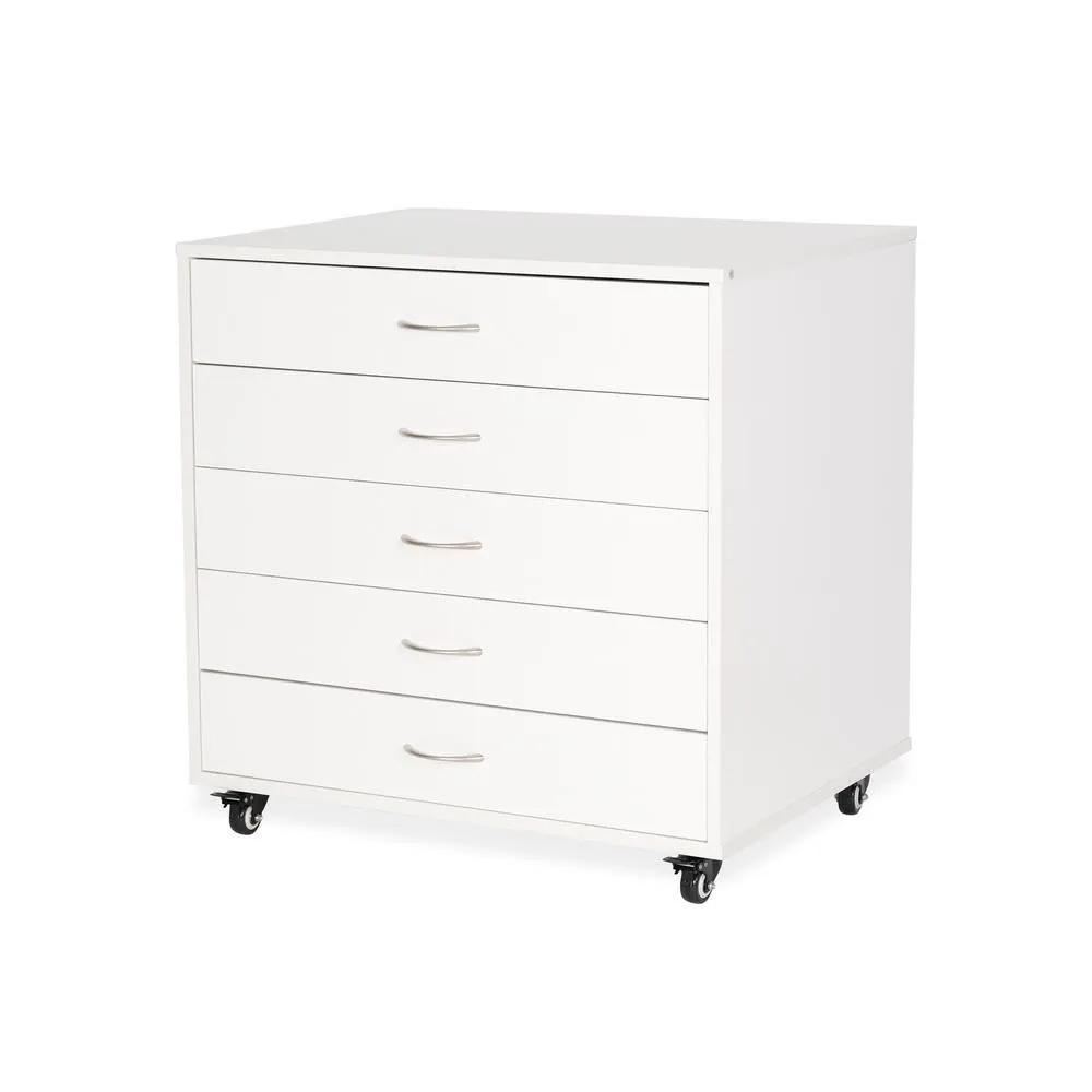 Arrow Mod 5-Drawer Caddy, white with silver handles on caster wheels