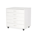 Arrow Mod 5-Drawer Caddy, white with silver handles on caster wheels