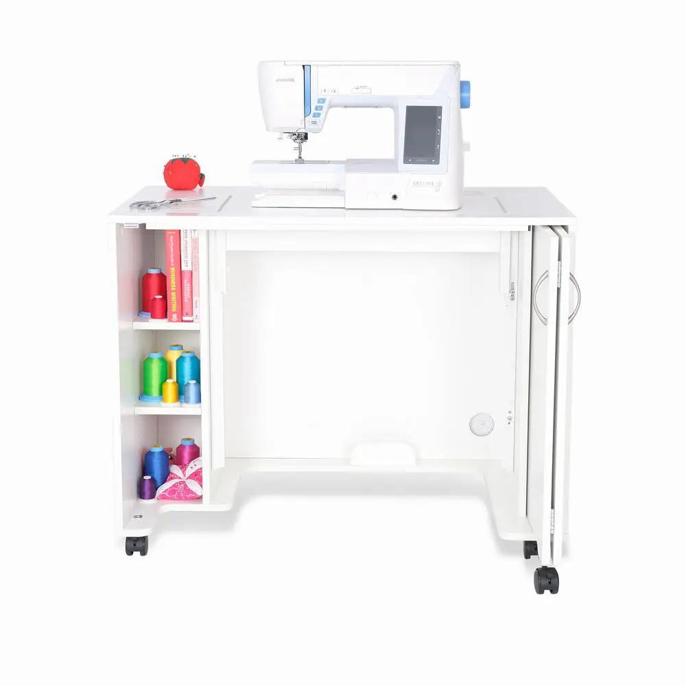 Arrow Mod Sewing Cabinet white with sewing machine on top and left thread shelf.