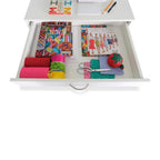 Arrow Mod 5 Drawer Caddy white drawer organizer filled with sewing supplies like scissors, ribbons, and magazines.
