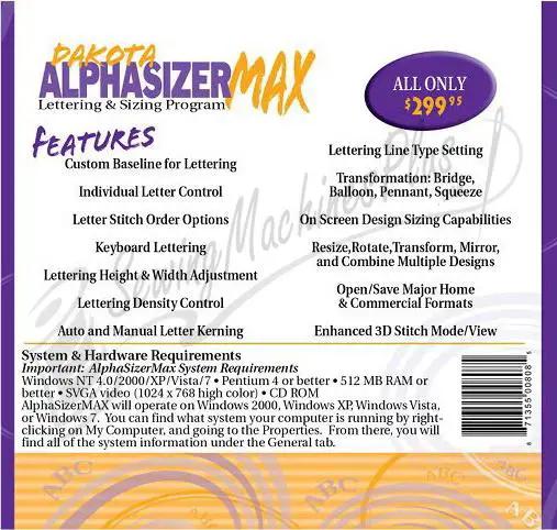 Dakota Alphasizer MAX embroidery design software by Dakota Collectibles (ASM001) with features list on the box.