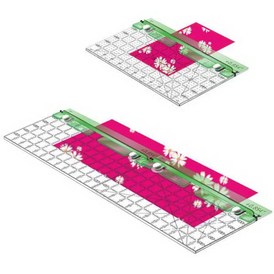 Guidelines 4 Quilting ruler with built-in finger guard for half-square triangle seam allowances; green acrylic