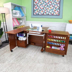 Kangaroo Sewing Furniture Wallaby II Studio TEAK sewing cabinet set with air lift and ample thread storage.