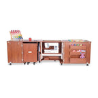 Kangaroo TEAK sewing cabinet with air lift, built-in sewing machine, rolling drawers and thread rack