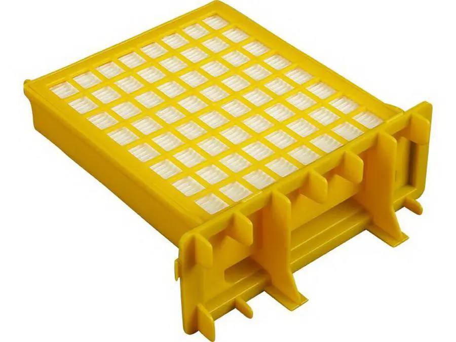 Sebo HEPA service box; yellow plastic housing with white pleated filter for Airbelt C Series.
